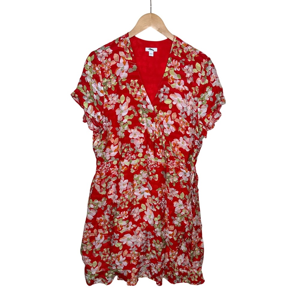 J. Jill Floral Print Ruffle Short Sleeve V-neck Wrap Dress size Large Red/Green